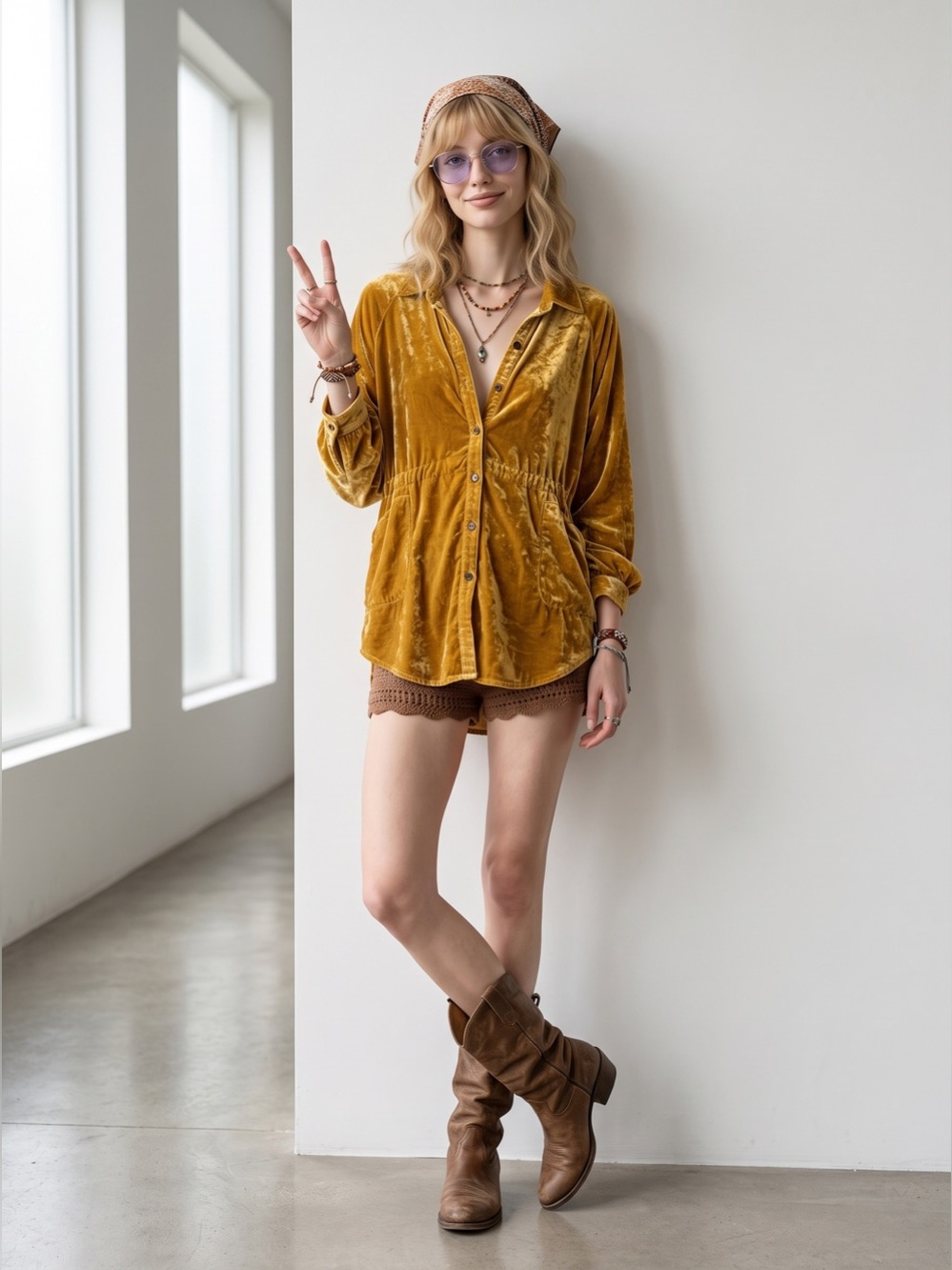 WISHLIST Gold Crushed Velvet Long sleeve Button Up collared Tunic length Shirt L - Picture 14 of 15